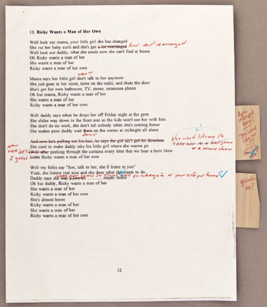 Bruce Springsteen Hand-Annotated "Ricky Wants a Man of Her Own" Typed Lyrics