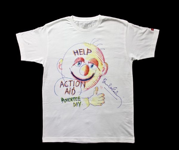 Paul McCartney Hand Drawn and Signed Self Portrait T-Shirt for "Povertee Day 2009"