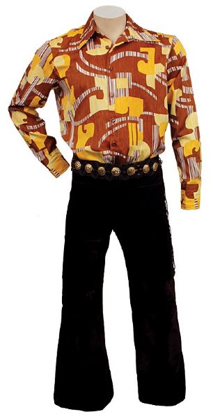 Elvis Presley’s Owned and Worn Abstract Print Shirt, IC Costume Company Brown Velvet Pants and Macramé Belt 