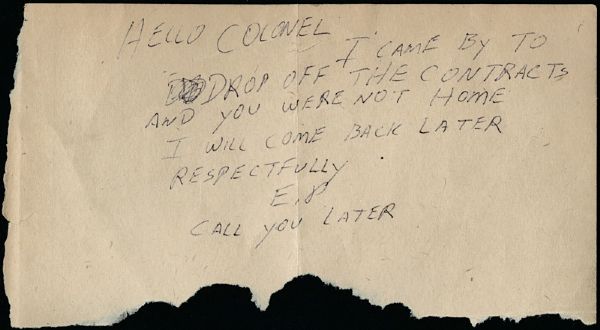 Elvis Presley Handwritten and Initialed Note To The Colonel