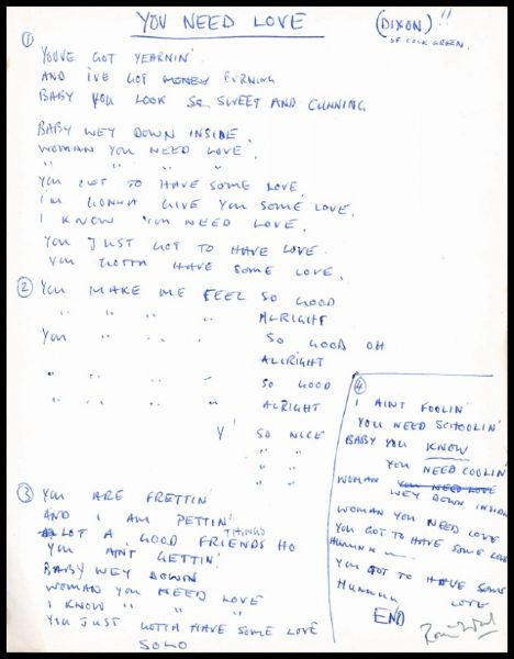 Ronnie Wood "You Need Love" Signed Lyrics