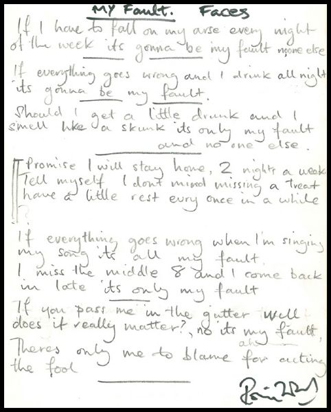 Ronnie Wood Handwritten & Signed "My Fault" Lyrics