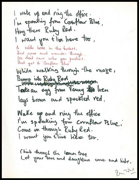 Ronnie Wood Handwritten & Signed Cornflour Blue Lyrics