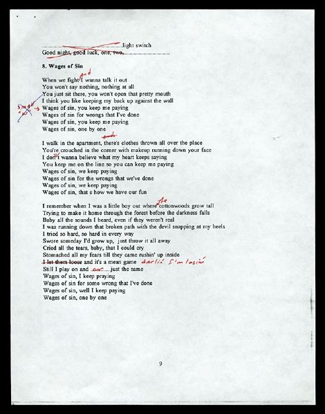 Bruce Springsteen Hand Annotated "Wages of Sin" Lyrics