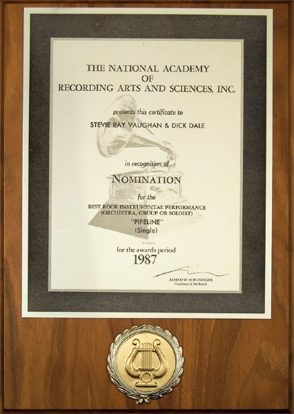 Stevie Ray Vaughan and Dick Dale 1987 Grammy Nomination Plaque for "Pipeline"