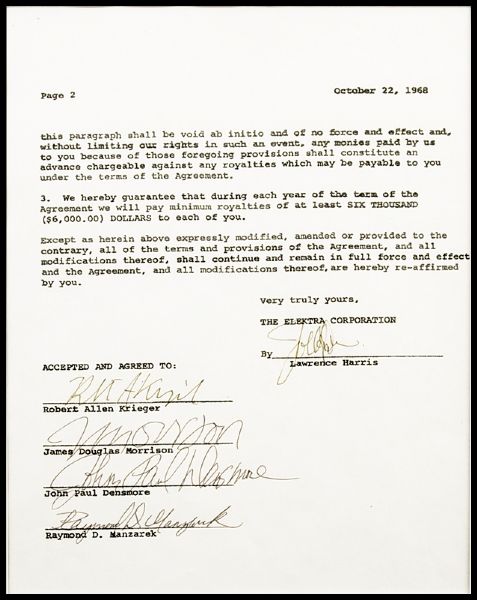 The Doors Signed Elektra Records Agreement Amendment