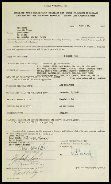 The Byrds Signed 1965 "Shindig" AFTRA Contract