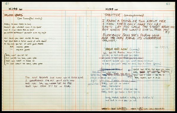 KISS Gene Simmons Handwritten "100,000 Years", "Strutter" and "High and Low" Lyrics