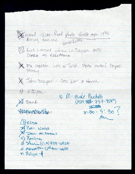 Madonna Handwritten Herb Ritts "To-Do" List