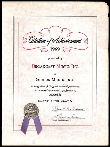 Phil Spector BMI Award Certificate for "Honky Tonk Women"