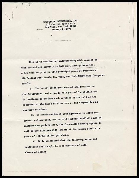 Badfinger Letter Copy of Agreement