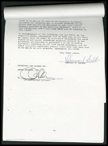 Donovan Leitch Signed Recording Agreement Letter