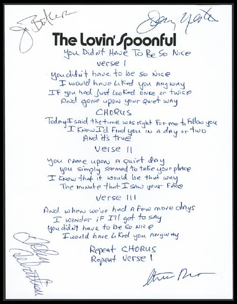 The Lovin Spoonful Handwritten & Signed "You Didnt Have To Be So Nice" Lyrics