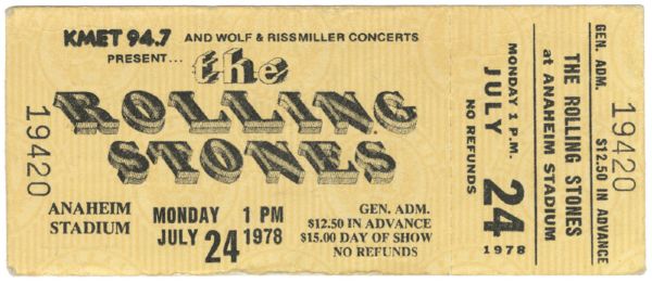 Rolling Stones at Anaheim Stadium July 24 1978 Concert Ticket 
