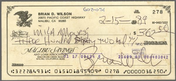 Brian Wilson Handwritten & Signed Check with Photograph