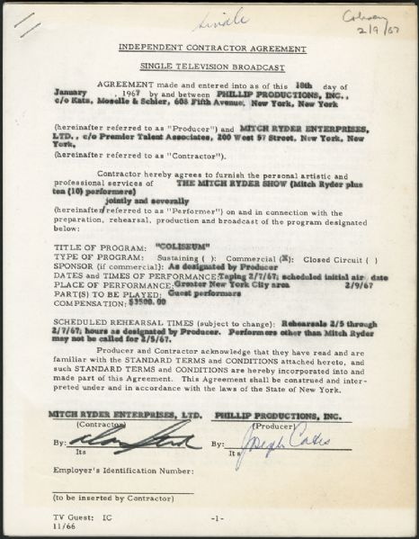 Mitch Ryder Twice Signed Performance Contract