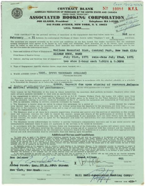 Allman Brothers Duane Allman Signed Performance Contract