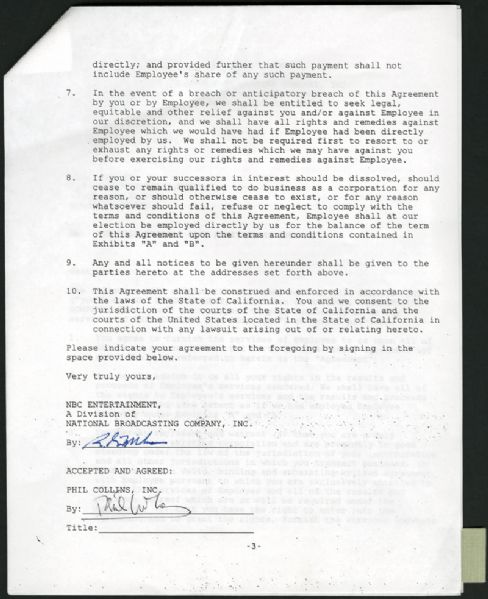 Phil Collins Signed Contract Letter