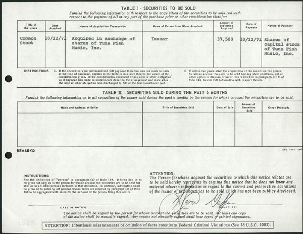 David Geffen Signed "Laura Nyro" Proposed Sale of Securities Document