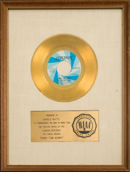 The Rolling Stones "Honky Tonk Women" Original White Matt RIAA  Gold Record Award