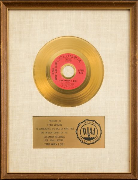 Blood, Sweat and Tears "And When I Die" Original White Matte RIAA Gold 45 Record Award