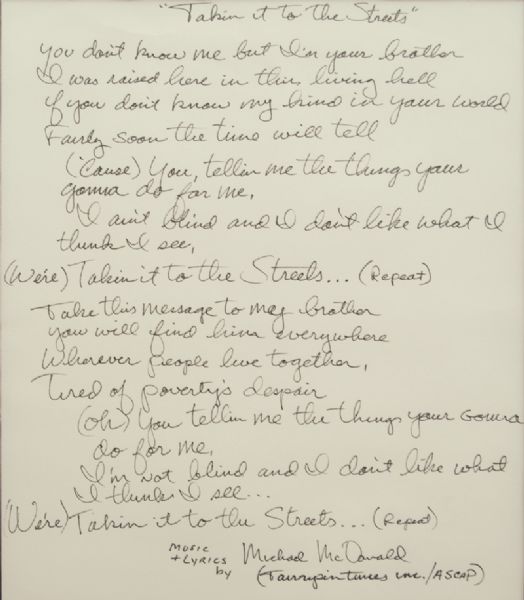 Michael McDonald Handwritten and Signed "Takin It to The Streets" Lyrics and Photograph