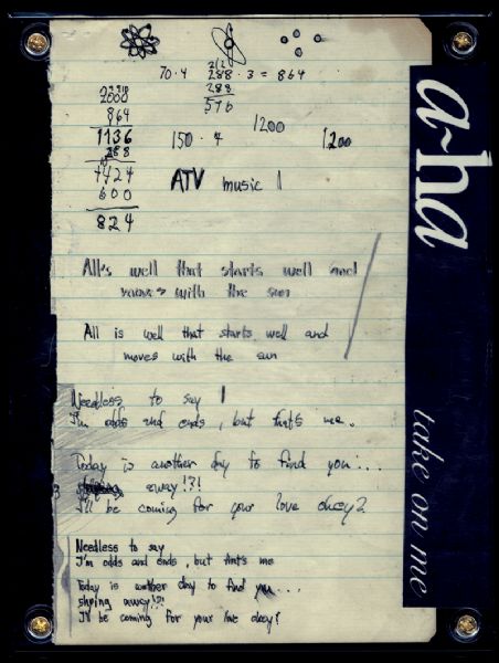 a-ha Handwritten Working Lyrics for "Take On Me"  