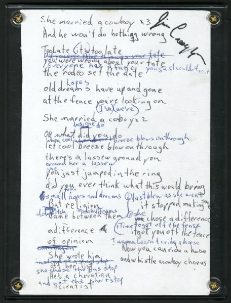 Barenaked Ladies Jim Creegan Handwritten and Signed "She Married A Cowboy" Working Lyrics