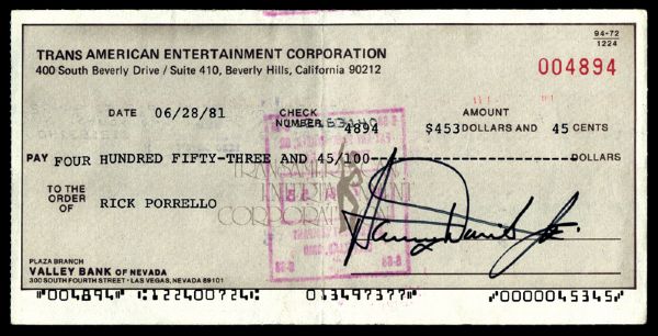 Sammy Davis, Jr. Signed Check and Personal Desert Inn Casino VIP Card
