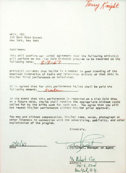 Terry Knight Signed 1967 Engagement Contract Letter