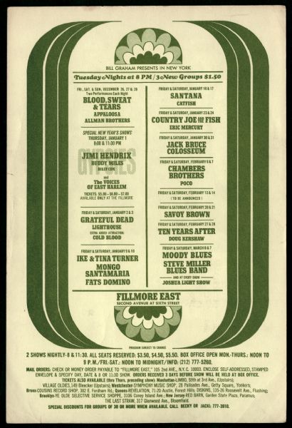 Fillmore East Original 1969 Handbill Featuring Hendrix, Blood, Sweat & Tears, the Grateful Dead, Santana and More