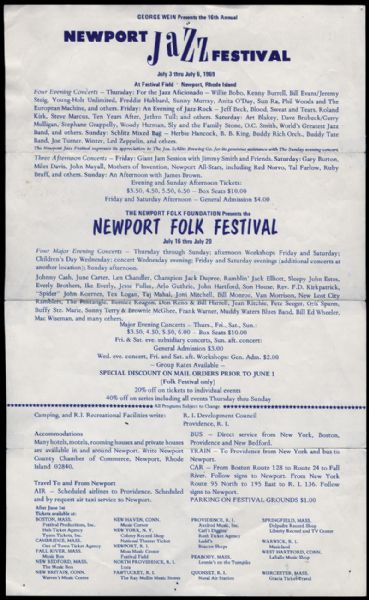 1969 Newport Folk Festival Flyer Featuring Led Zeppelin, Johnny Cash, James Brown, Miles Davis and More