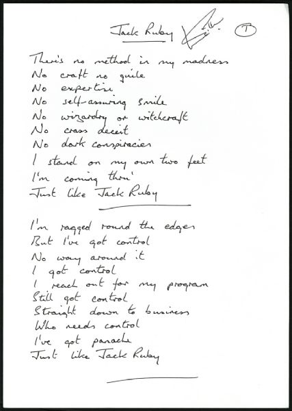 Deep Purple Ian Gillian "Jack Ruby" Handwritten Lyrics