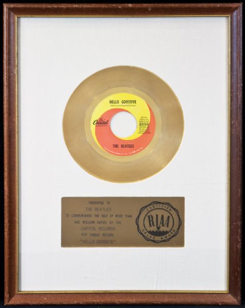 Beatles "Hello Goodbye" Original RIAA White Matte Gold Record Award