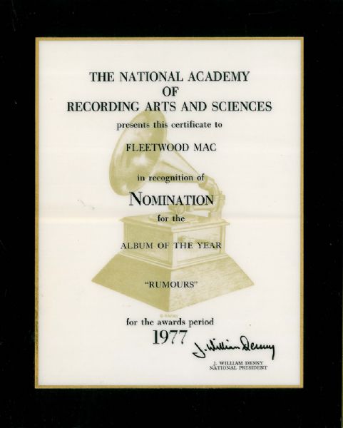 Fleetwood Mac "Rumours" Grammy Nomination Plaque