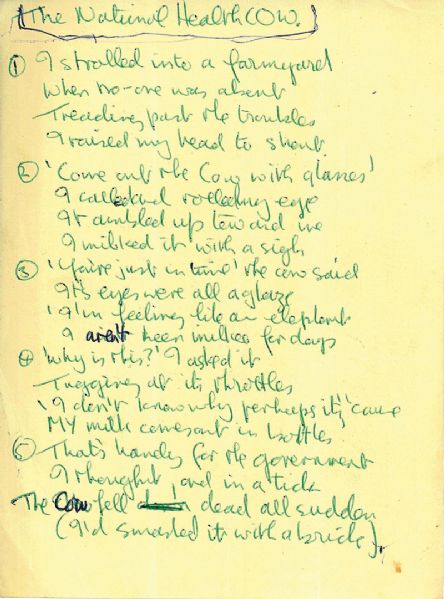 John Lennon Handwritten "The National Health Cow" Poem  Draft