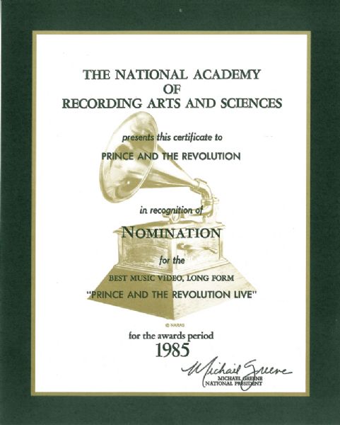 Prince and The Revolution Best Music Video Original Grammy Nomination Certificate