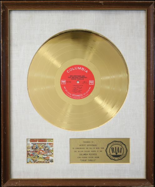 Janis Joplin/Big Brother and The Holding Company Original RIAA White Matte Gold Record Award