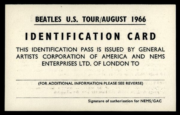Beatles Original U.S. Tour/August 1966 ID Card
