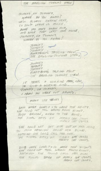 Lindsey Buckingham Handwritten Lyrics for "The Amazing Johnny Stew" and "Mary Lee Jones"