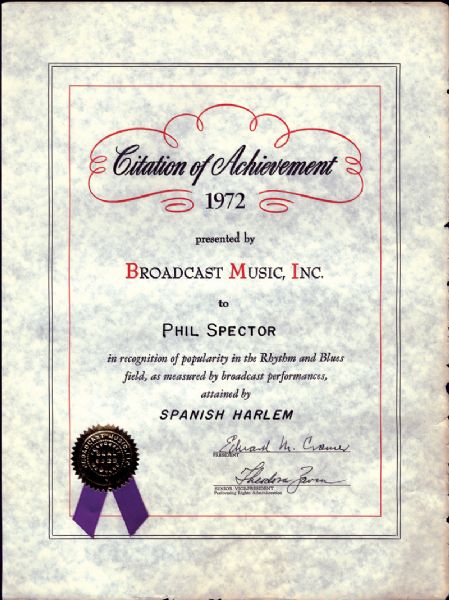 Phil Spector BMI Award Certificate for "Spanish Harlem"