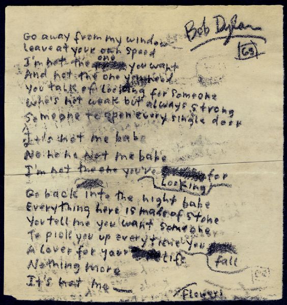Bob Dylan Handwritten, Signed and Dated "It Aint Me Babe" Working Lyrics