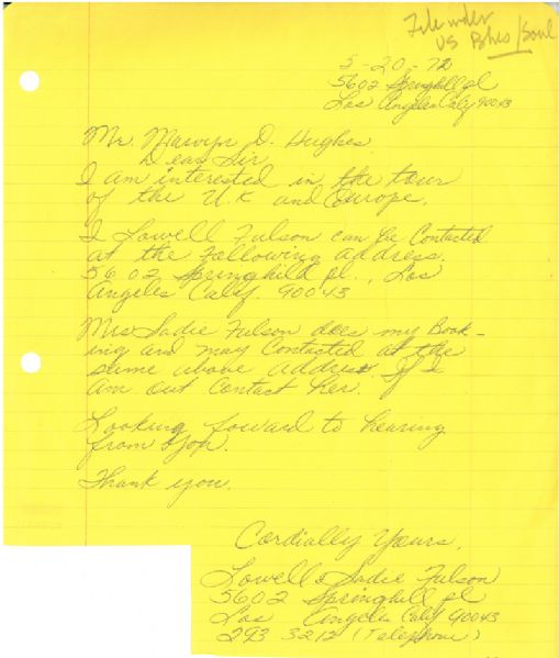 Lowell Fulson Handwritten & Signed Letter 