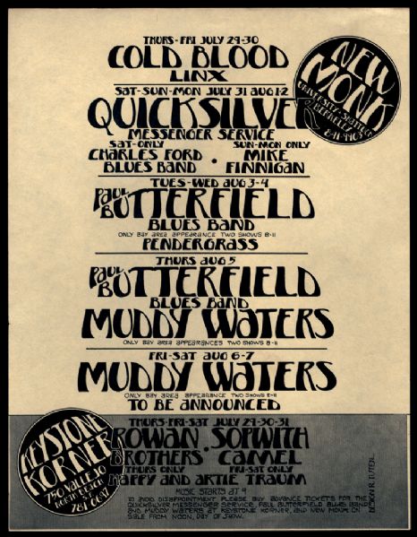 New Monk/Keystone Korner Original Handbill Featuring Muddy Waters and Quicksilver 