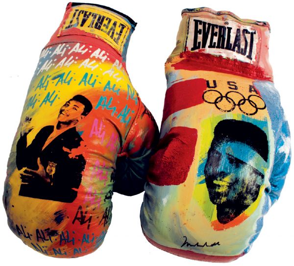 Steve Kaufman Original Hand Painted Boxing Gloves Signed by Kaufman and Muhammad Ali