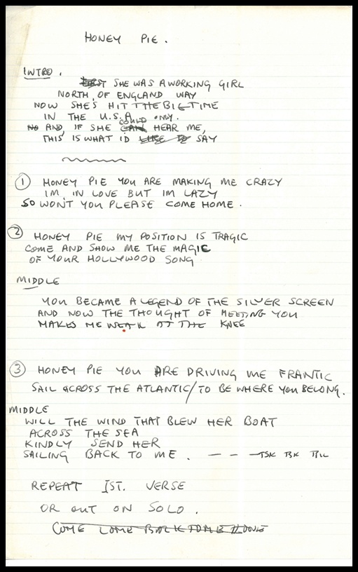 Paul McCartney's handwritten lyrics to “Here, There and Everywhere