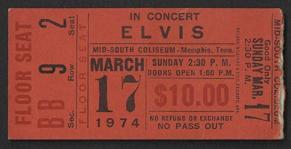 Elvis Presley 1974 Tennessee Concert Unused Ticket