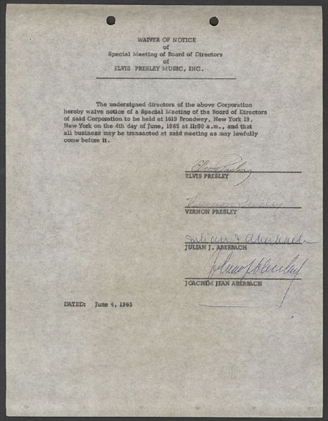 Elvis Presley Signed 1965 Board Meeting Minutes