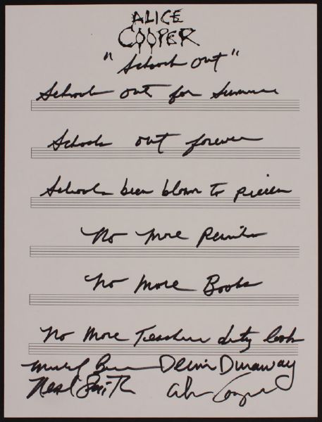 Alice Cooper Signed Handwritten "Schools Out" Lyrics