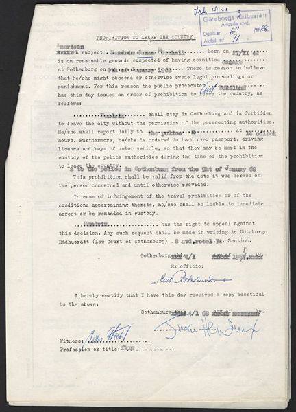 Jimi Hendrix Signed 1968 Swedish Arrest Documents